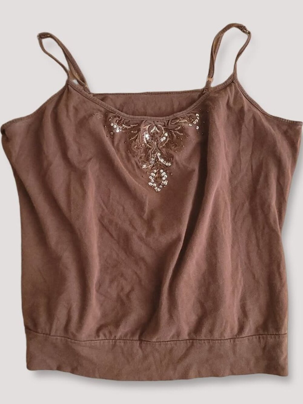 Vintage Brown Sequin Floral Pattern Tank Top Cotton Sleeveless